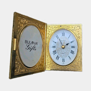 Bulova Gold Tone Metal Analog Desk Clock Rectangle Roman Numeral Dial